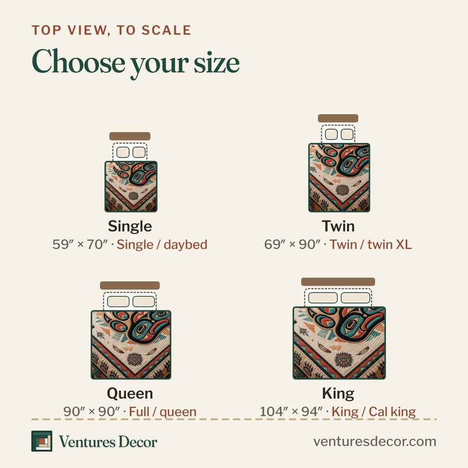 Size guide for the Sacred Bear Paw Totem quilt, top view to scale: Single 59 x 70 in, Twin 69 x 90 in, Queen 90 x 90 in, King 104 x 94 in
