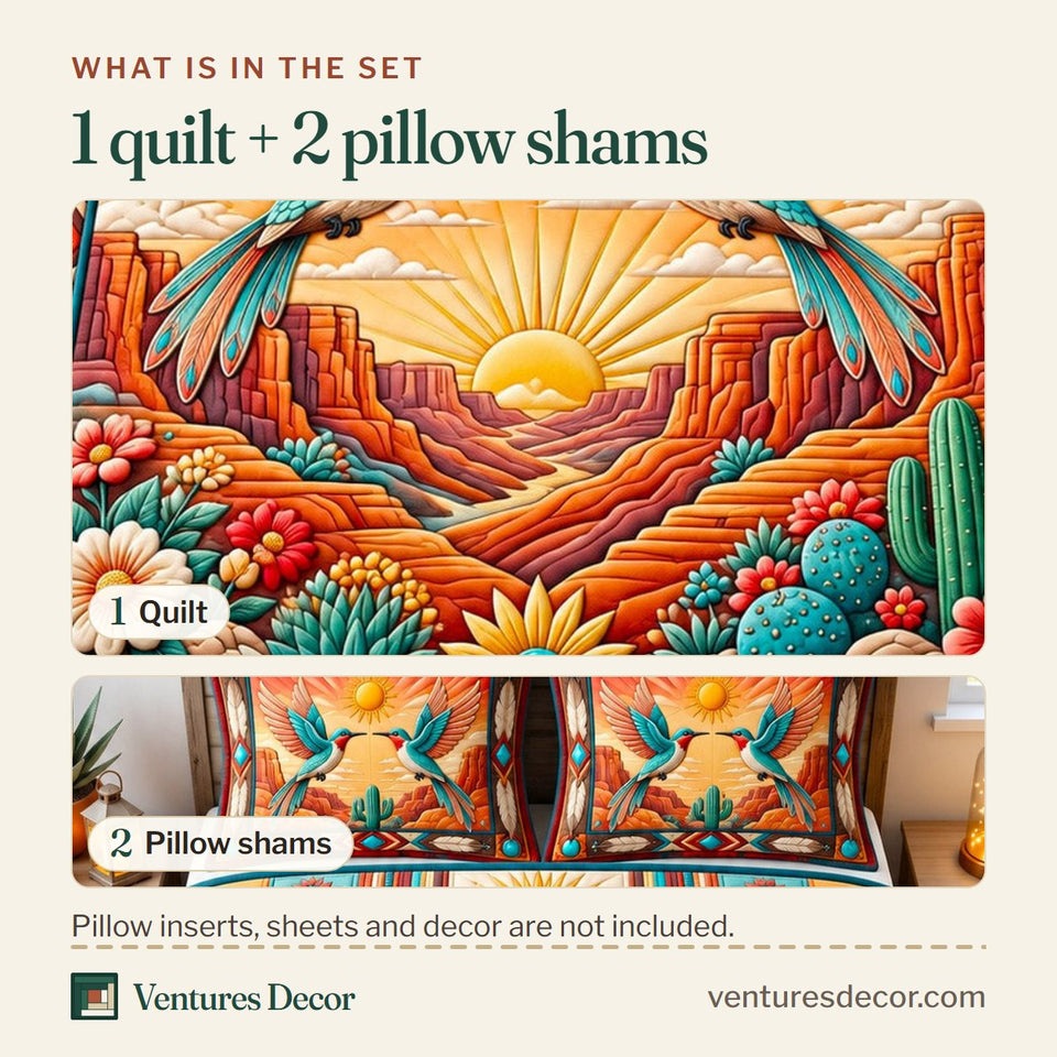 What is in the set: one quilt and two pillow shams, shown in the Sacred Bird Divine Bird design