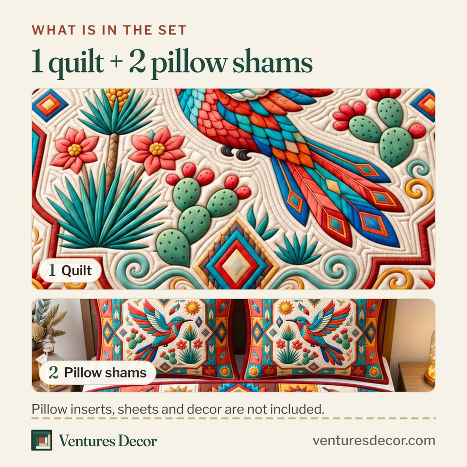 What is in the set: one quilt and two pillow shams, shown in the Sacred Bird design
