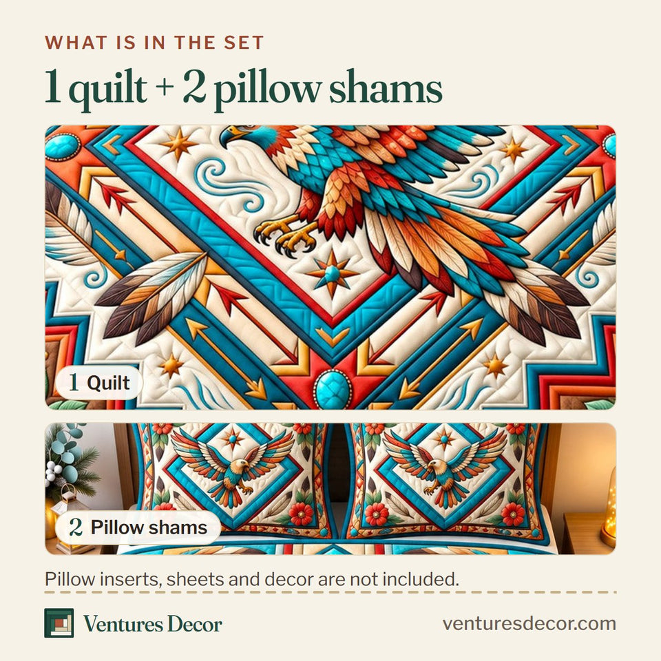 What is in the set: one quilt and two pillow shams, shown in the Sacred Bird Sacred Decor design