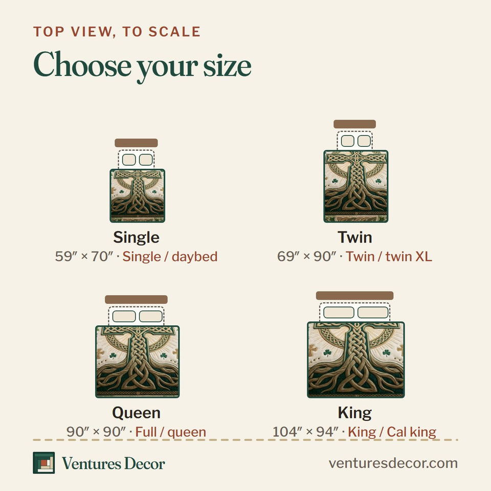 Size guide for the Sacred Celtic quilt, top view to scale: Single 59 x 70 in, Twin 69 x 90 in, Queen 90 x 90 in, King 104 x 94 in