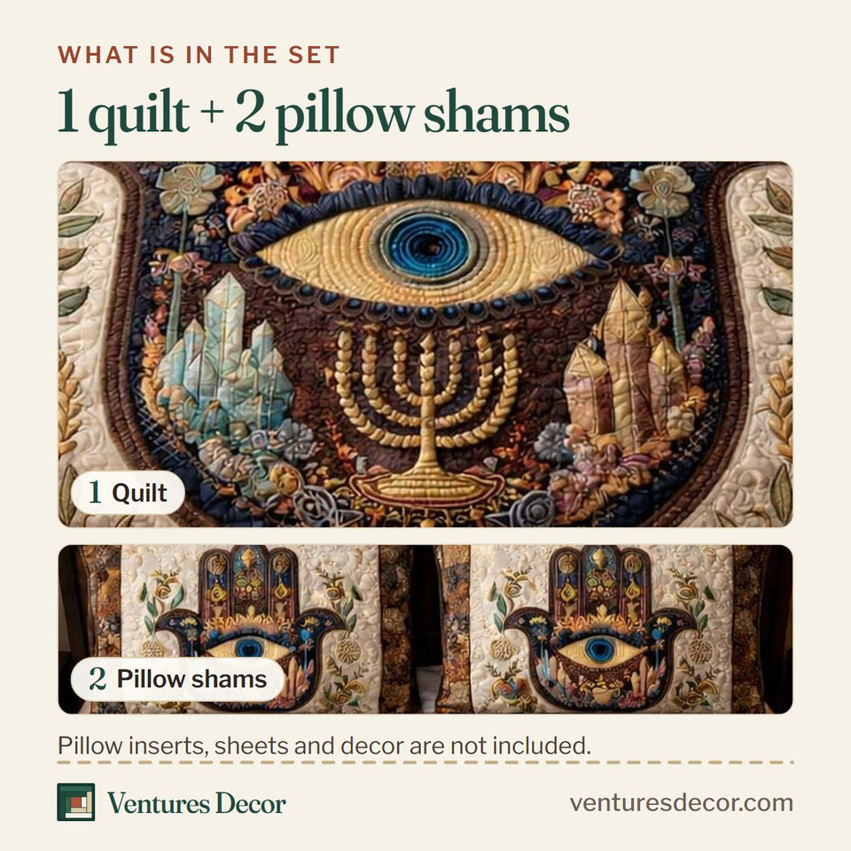 What is in the set: one quilt and two pillow shams, shown in the Sacred Hamsa Heritage design