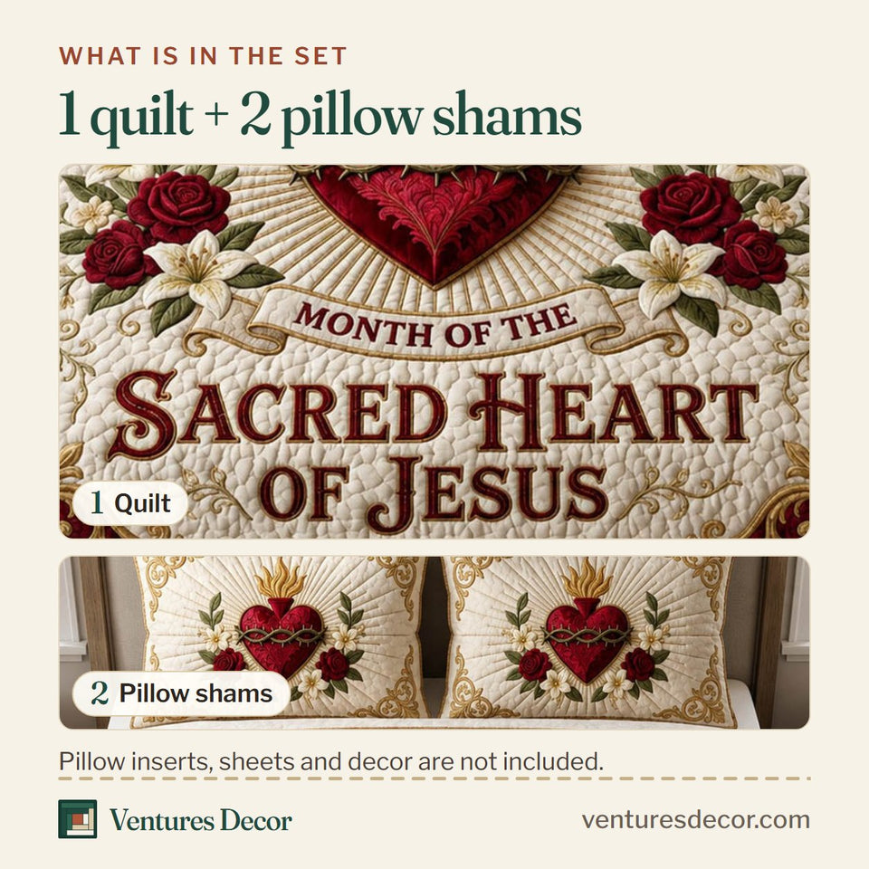 What is in the set: one quilt and two pillow shams, shown in the Sacred Heart June Devotion design
