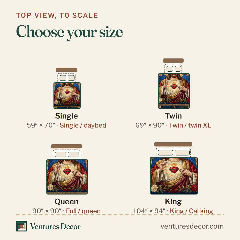 Size guide for the Sacred Heart Of Jesus Blue and Gold Lilies quilt, top view to scale: Single 59 x 70 in, Twin 69 x 90 in, Queen 90 x 90 in, King 104 x 94 in