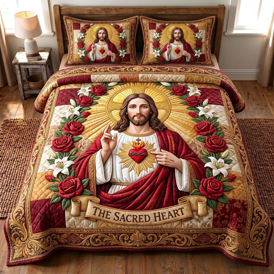 Sacred Heart Radiance quilted bedding set, quilt and two pillow shams on a made bed