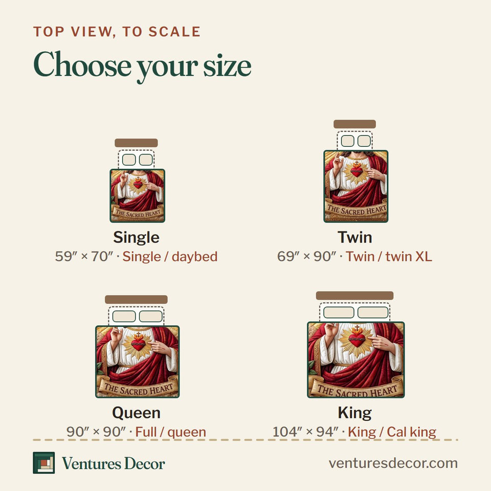 Size guide for the Sacred Heart Radiance quilt, top view to scale: Single 59 x 70 in, Twin 69 x 90 in, Queen 90 x 90 in, King 104 x 94 in