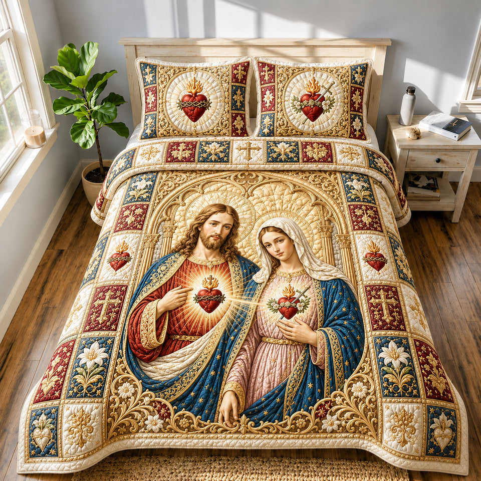 Sacred Hearts Of Jesus And Mary Cathedral quilted bedding set, quilt and two pillow shams on a made bed