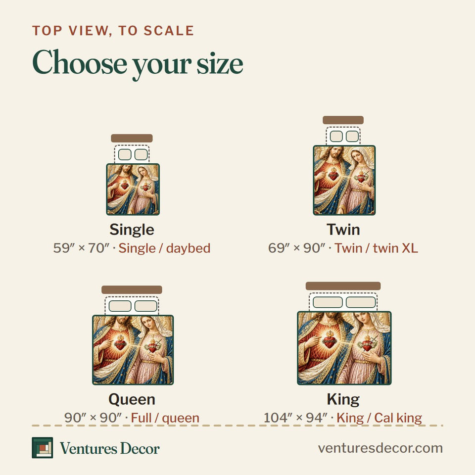 Size guide for the Sacred Hearts Of Jesus And Mary Cathedral quilt, top view to scale: Single 59 x 70 in, Twin 69 x 90 in, Queen 90 x 90 in, King 104 x 94 in