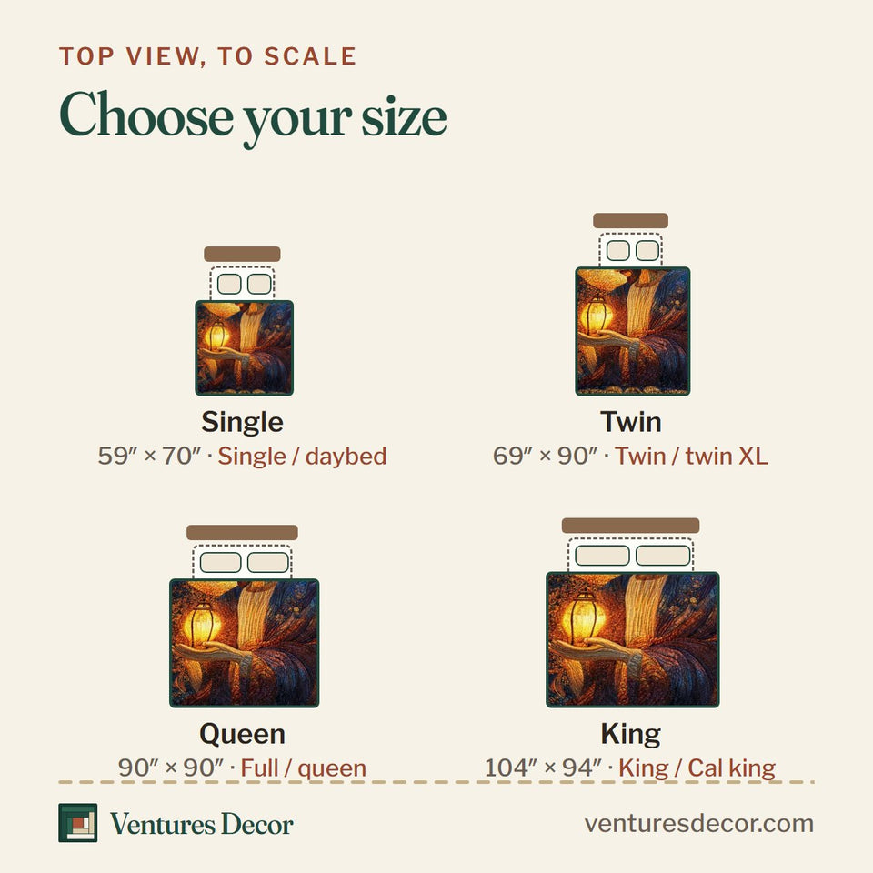 Size guide for the Sacred Lantern quilt, top view to scale: Single 59 x 70 in, Twin 69 x 90 in, Queen 90 x 90 in, King 104 x 94 in