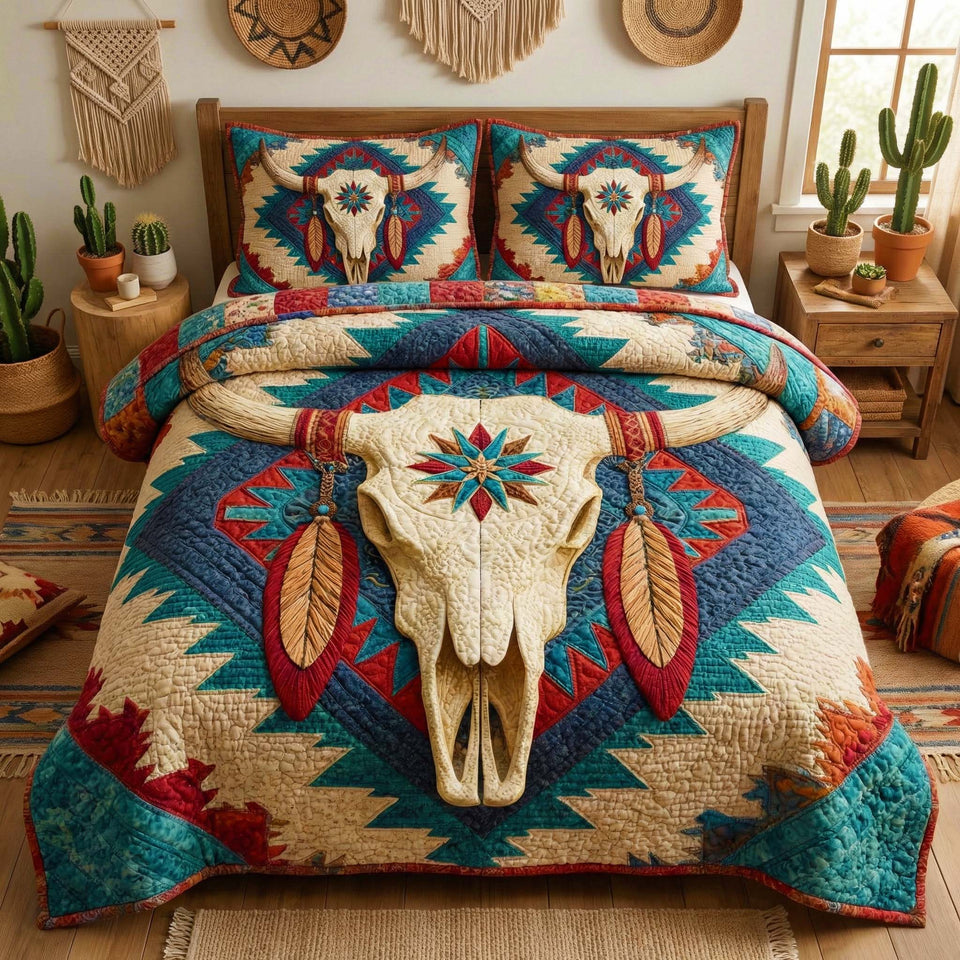 Sacred Longhorn quilted bedding set, quilt and two pillow shams on a made bed