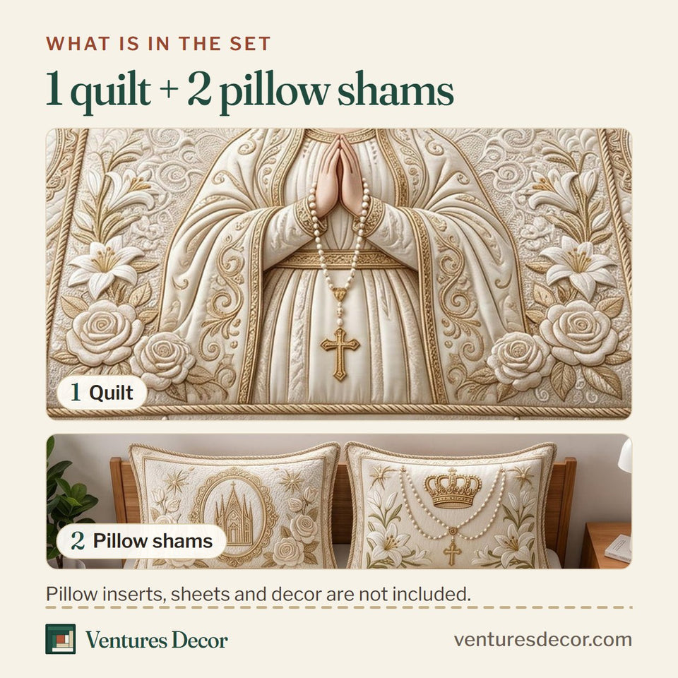 What is in the set: one quilt and two pillow shams, shown in the Sacred Mary design