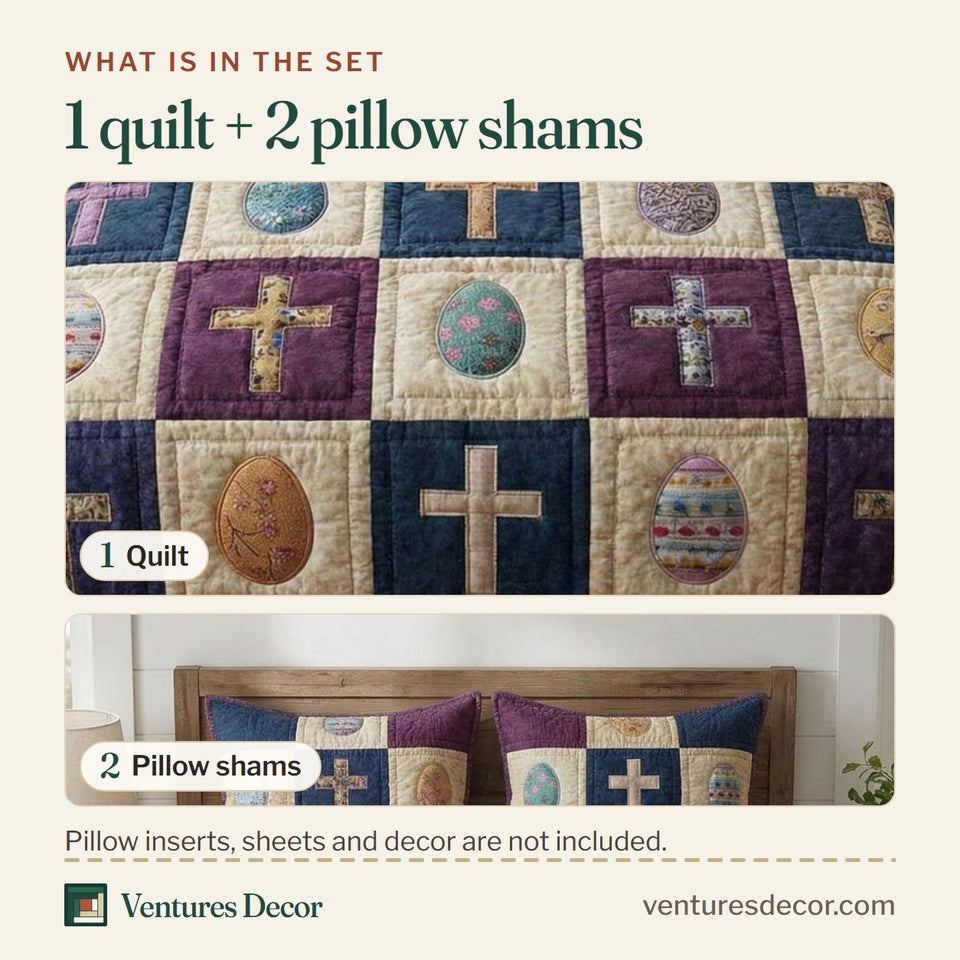 What is in the set: one quilt and two pillow shams, shown in the Sacred Patchwork design