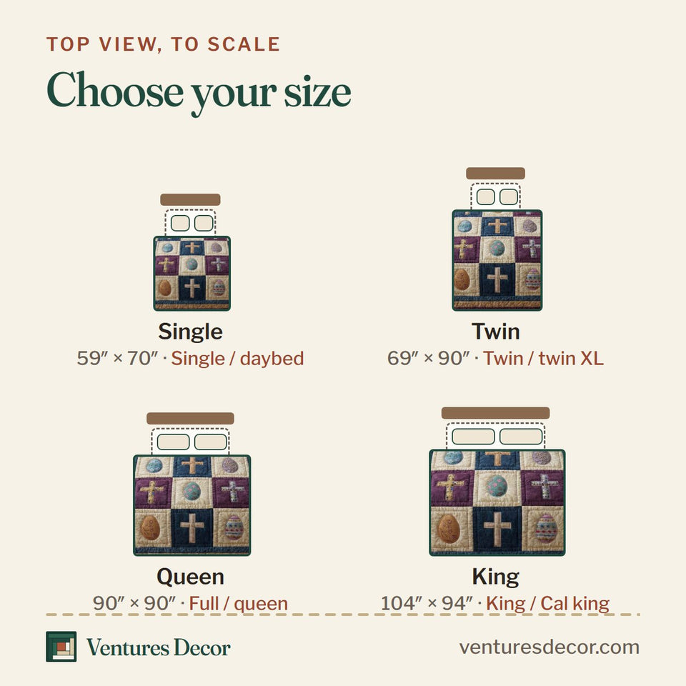 Size guide for the Sacred Patchwork quilt, top view to scale: Single 59 x 70 in, Twin 69 x 90 in, Queen 90 x 90 in, King 104 x 94 in