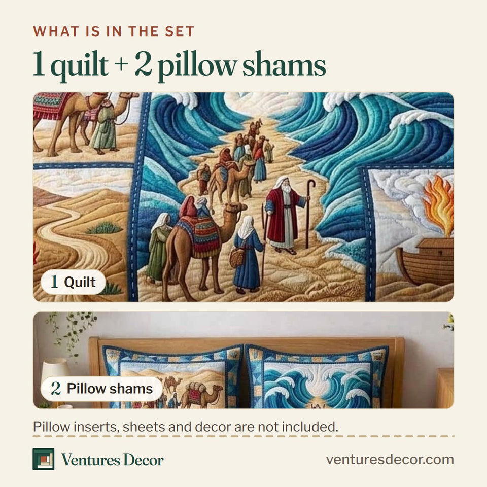 What is in the set: one quilt and two pillow shams, shown in the Sacred Pesach design
