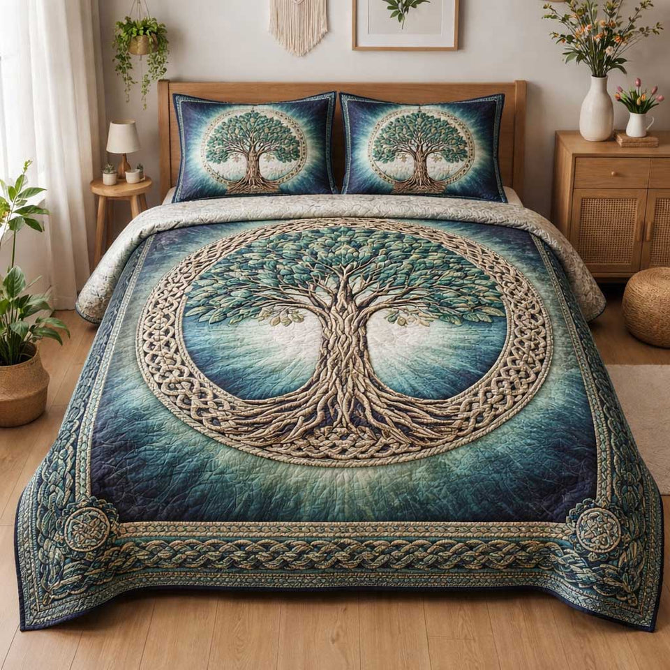 Sacred Roots Teal Circle Celtic Border quilted bedding set, quilt and two pillow shams on a made bed
