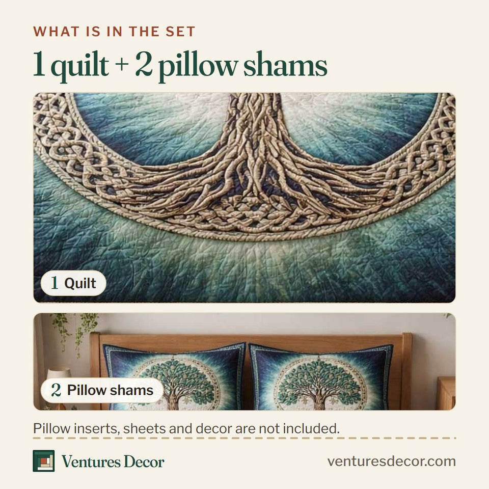 What is in the set: one quilt and two pillow shams, shown in the Sacred Roots Teal Circle Celtic Border design
