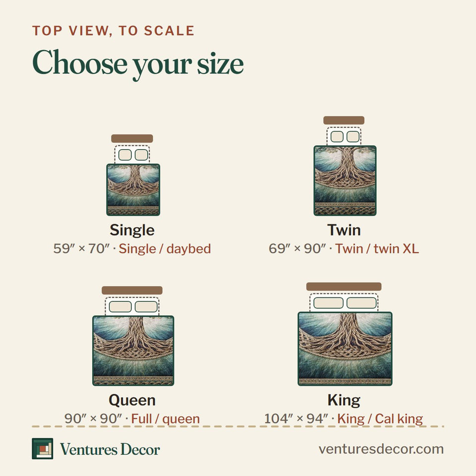 Size guide for the Sacred Roots Teal Circle Celtic Border quilt, top view to scale: Single 59 x 70 in, Twin 69 x 90 in, Queen 90 x 90 in, King 104 x 94 in