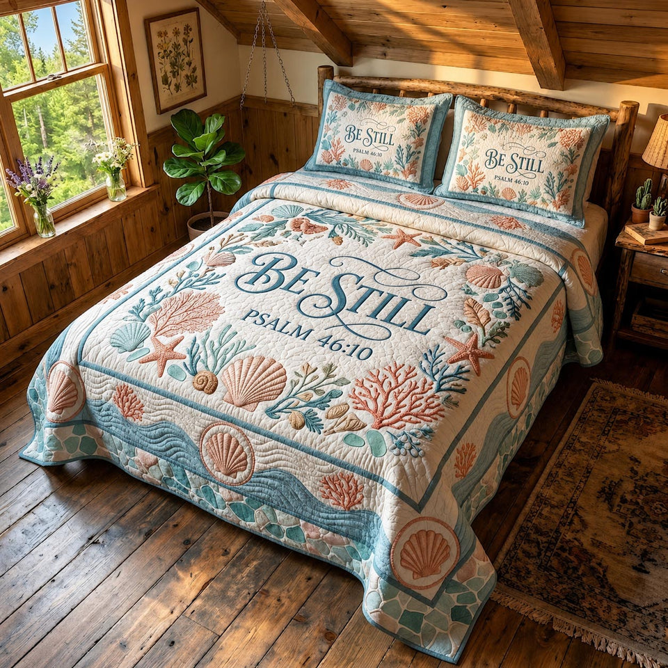 Sacred Shores quilted bedding set, quilt and two pillow shams on a made bed