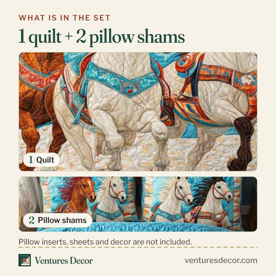 What is in the set: one quilt and two pillow shams, shown in the Sacred Trio design