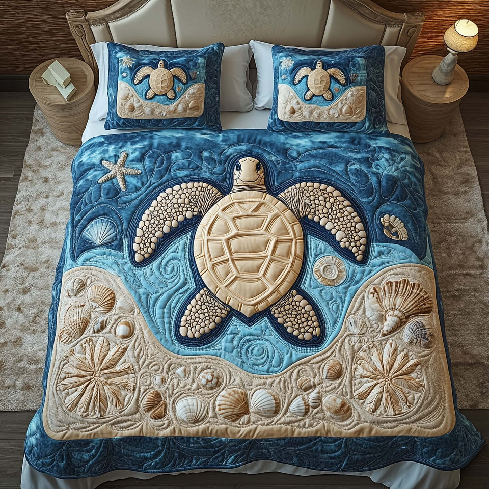 Sacred Turtle Blue Shell and Coral quilted bedding set, quilt and two pillow shams on a made bed