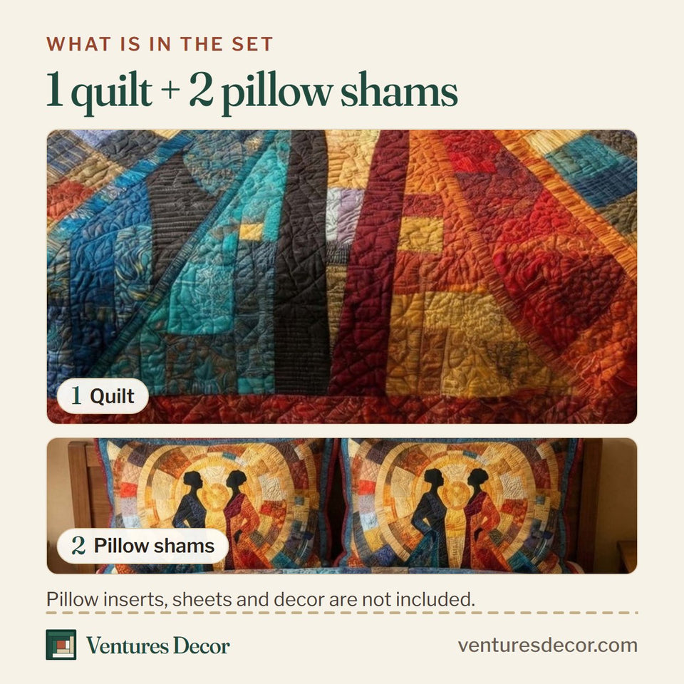What is in the set: one quilt and two pillow shams, shown in the Sacred Union design