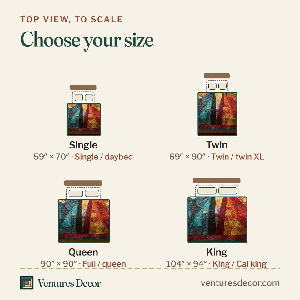 Size guide for the Sacred Union quilt, top view to scale: Single 59 x 70 in, Twin 69 x 90 in, Queen 90 x 90 in, King 104 x 94 in