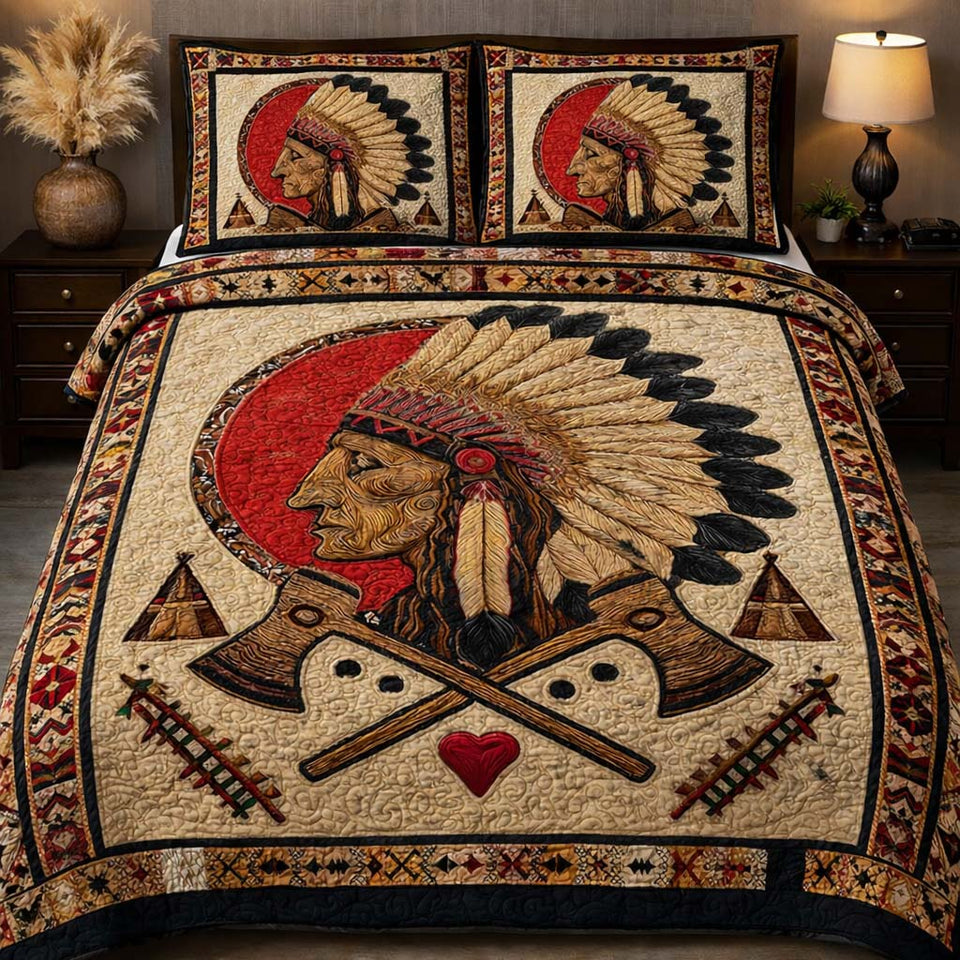Sacred Warrior Spirit quilted bedding set, quilt and two pillow shams on a made bed