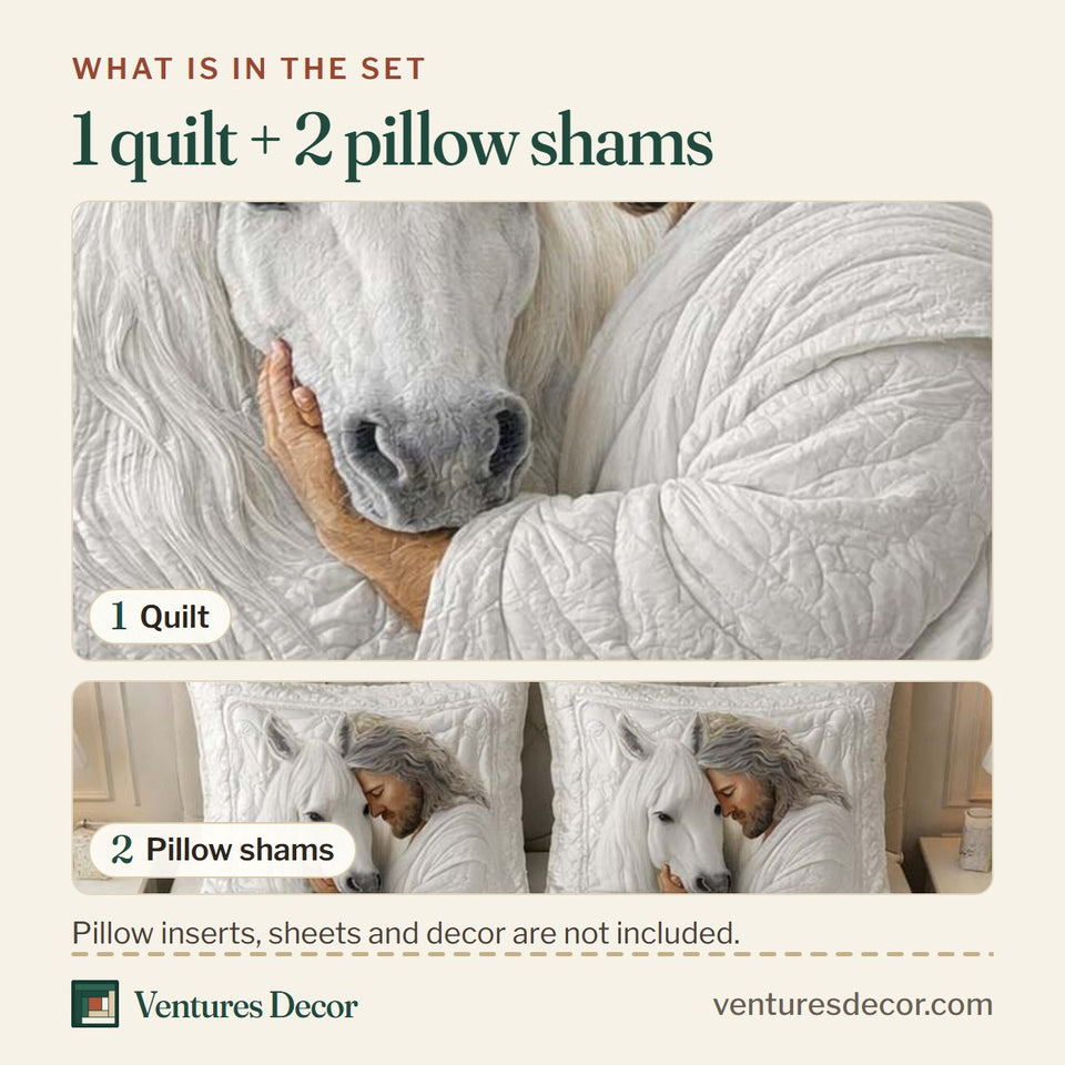 What is in the set: one quilt and two pillow shams, shown in the Sacred White Horse design