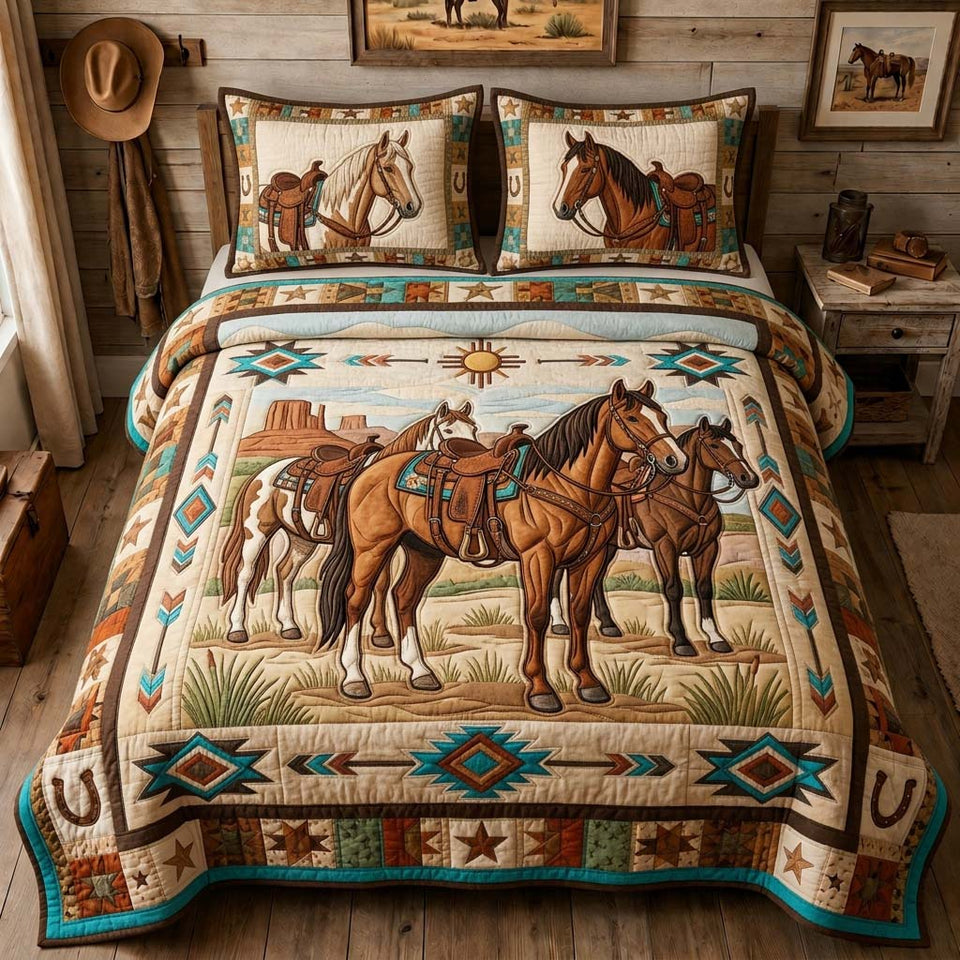 Saddle Horse Trio quilted bedding set, quilt and two pillow shams on a made bed
