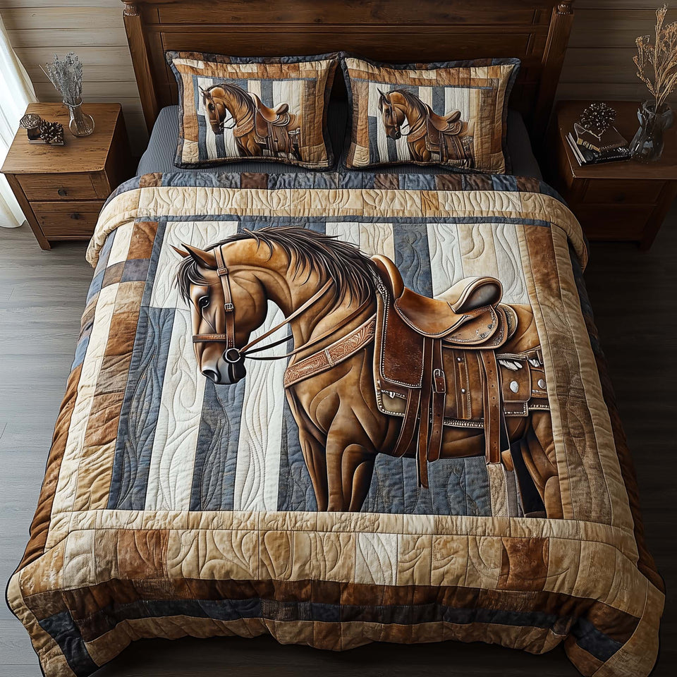 Saddled Horse Barn Pride quilted bedding set, quilt and two pillow shams on a made bed