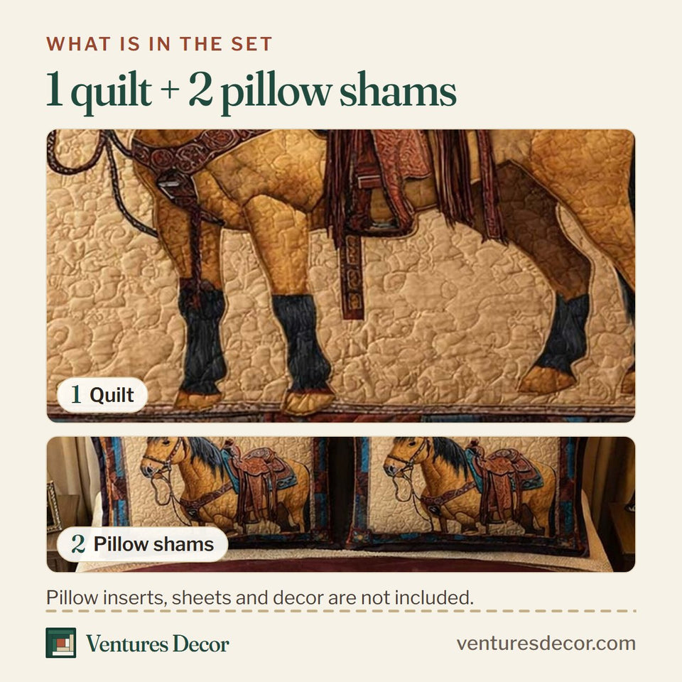 What is in the set: one quilt and two pillow shams, shown in the Saddled Stallion design