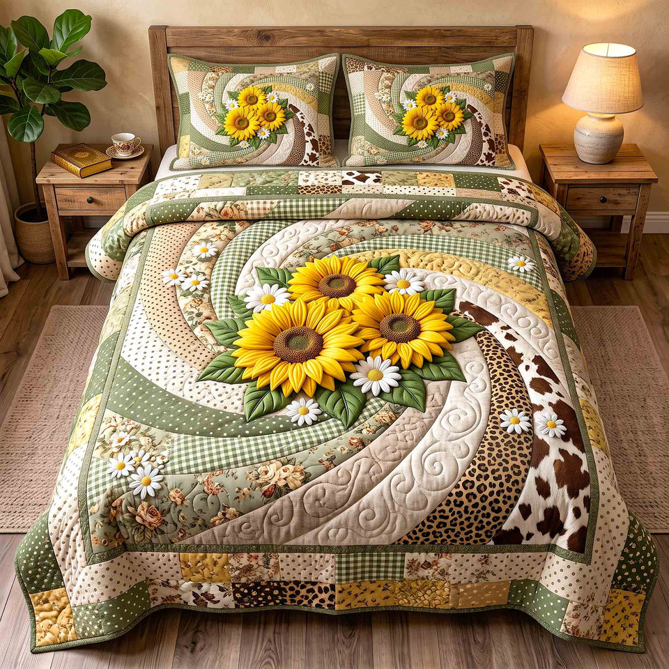 Safari Sunflower quilted bedding set, quilt and two pillow shams on a made bed