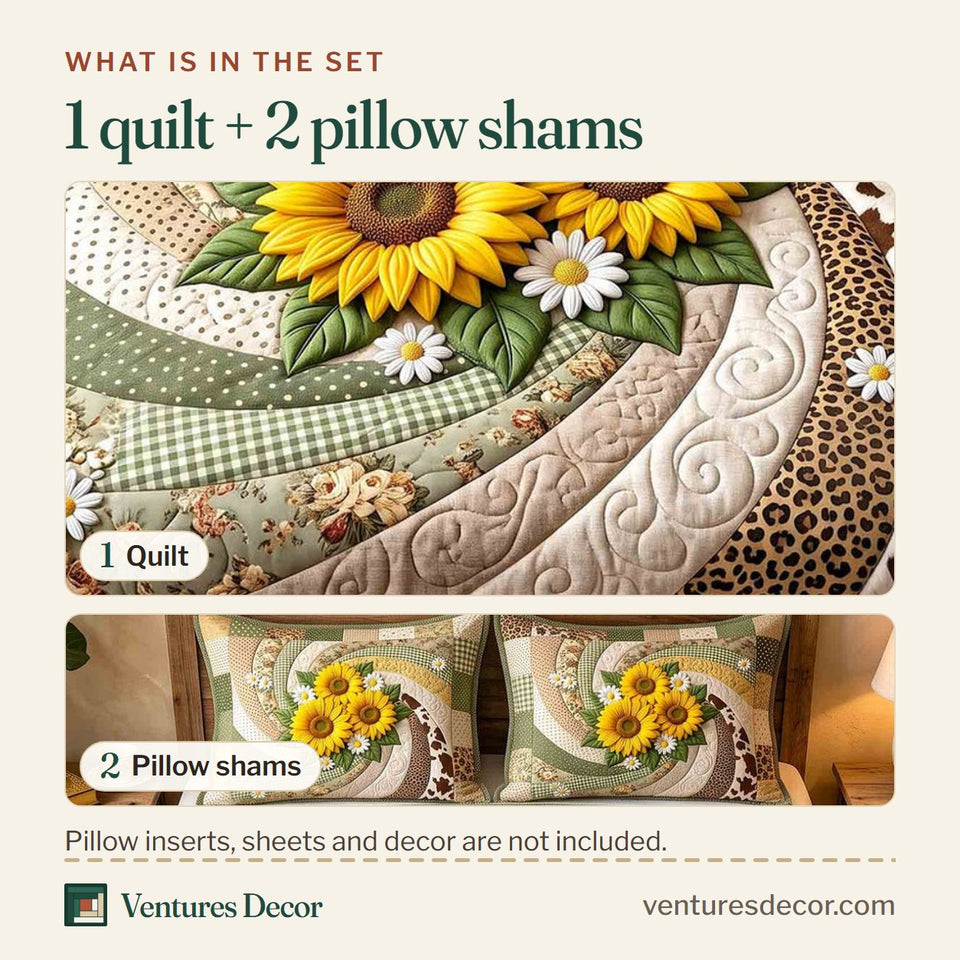 What is in the set: one quilt and two pillow shams, shown in the Safari Sunflower design