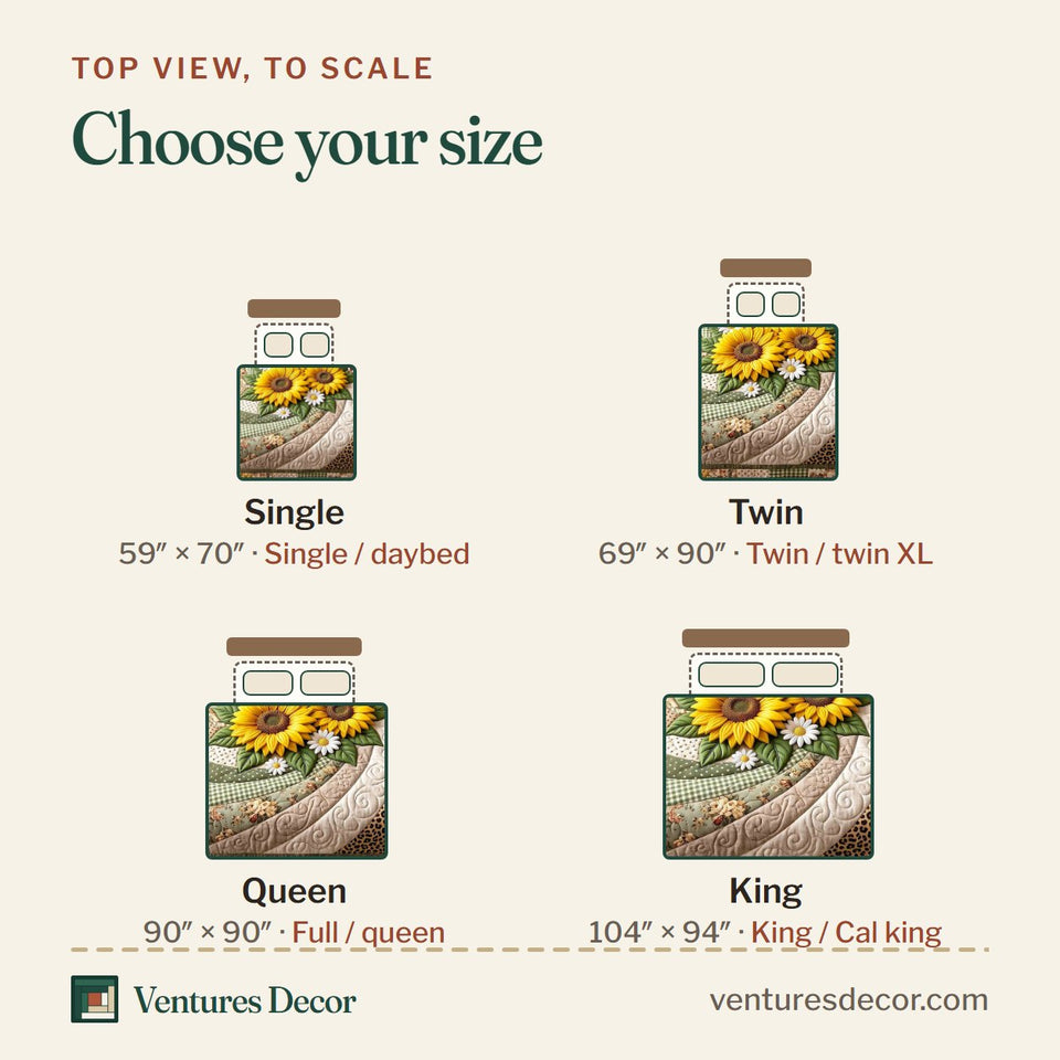 Size guide for the Safari Sunflower quilt, top view to scale: Single 59 x 70 in, Twin 69 x 90 in, Queen 90 x 90 in, King 104 x 94 in