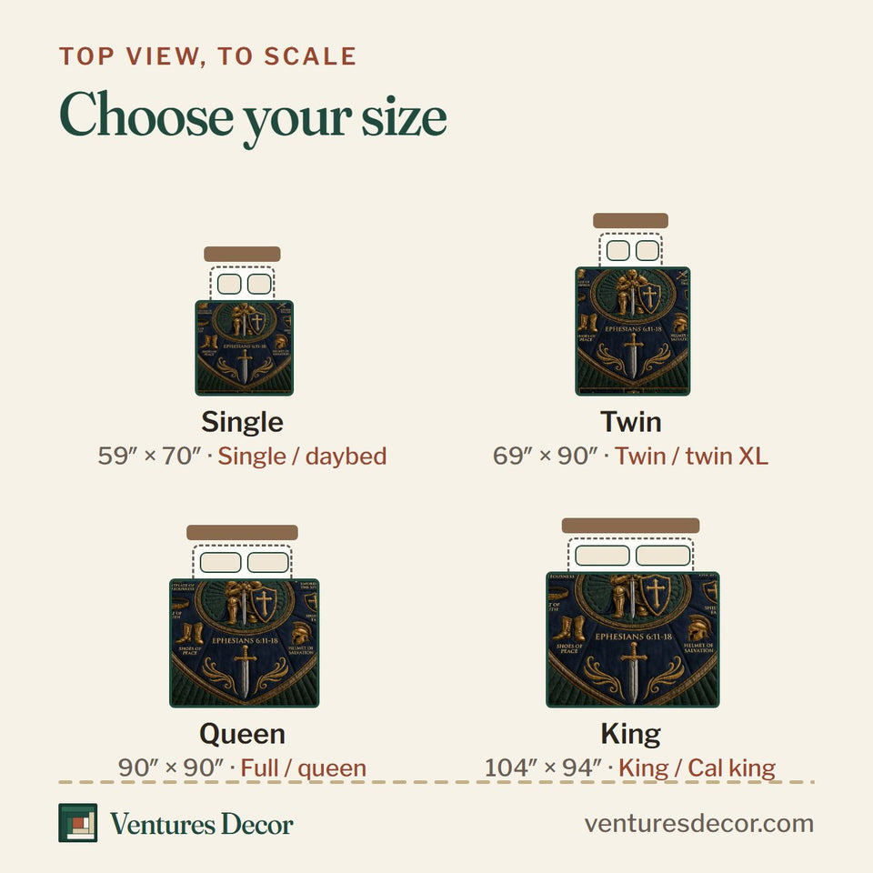 Size guide for the Sage Green Navy Armor Of God quilt, top view to scale: Single 59 x 70 in, Twin 69 x 90 in, Queen 90 x 90 in, King 104 x 94 in