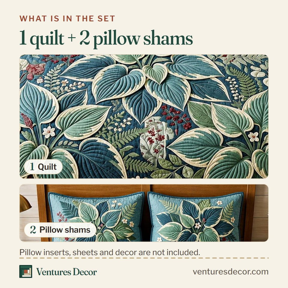 What is in the set: one quilt and two pillow shams, shown in the Sage Whisper Foliage design