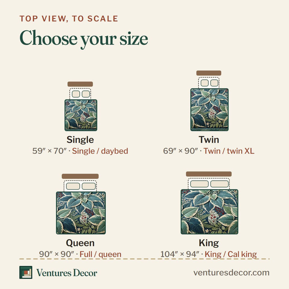 Size guide for the Sage Whisper Foliage quilt, top view to scale: Single 59 x 70 in, Twin 69 x 90 in, Queen 90 x 90 in, King 104 x 94 in