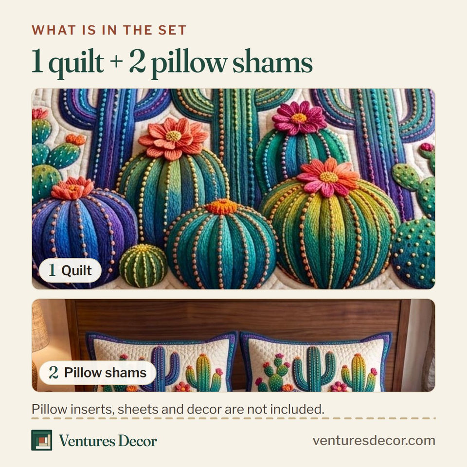 What is in the set: one quilt and two pillow shams, shown in the Saguaro Bloom Desert Border design