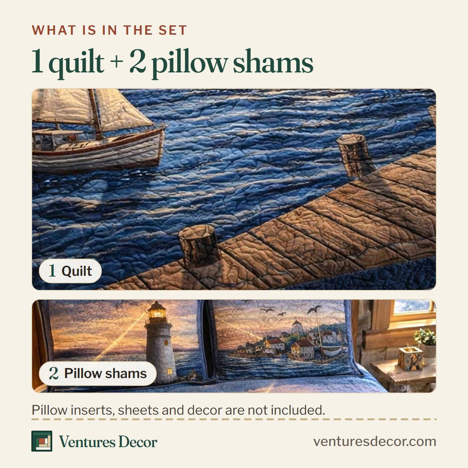 What is in the set: one quilt and two pillow shams, shown in the Sailboat Beacon Dusk design