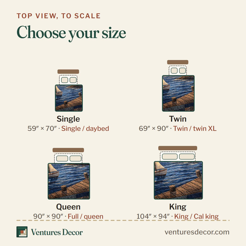 Size guide for the Sailboat Beacon Dusk quilt, top view to scale: Single 59 x 70 in, Twin 69 x 90 in, Queen 90 x 90 in, King 104 x 94 in