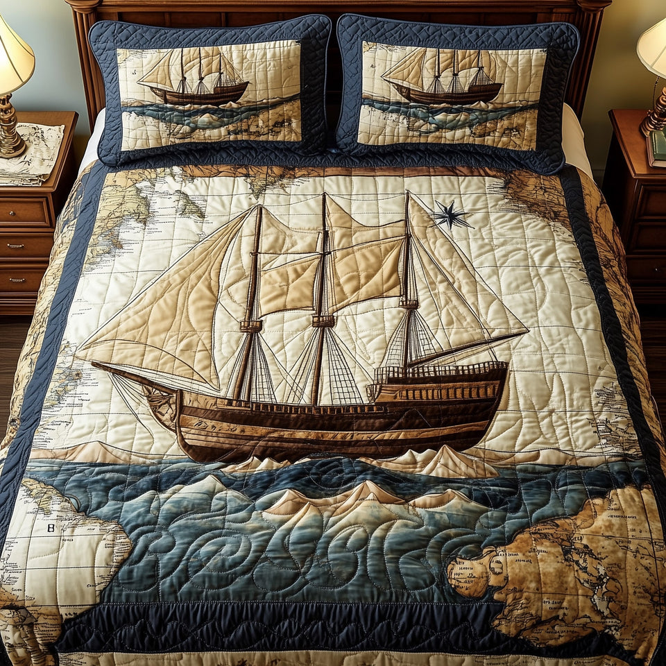 Sailing Through Time quilted bedding set, quilt and two pillow shams on a made bed