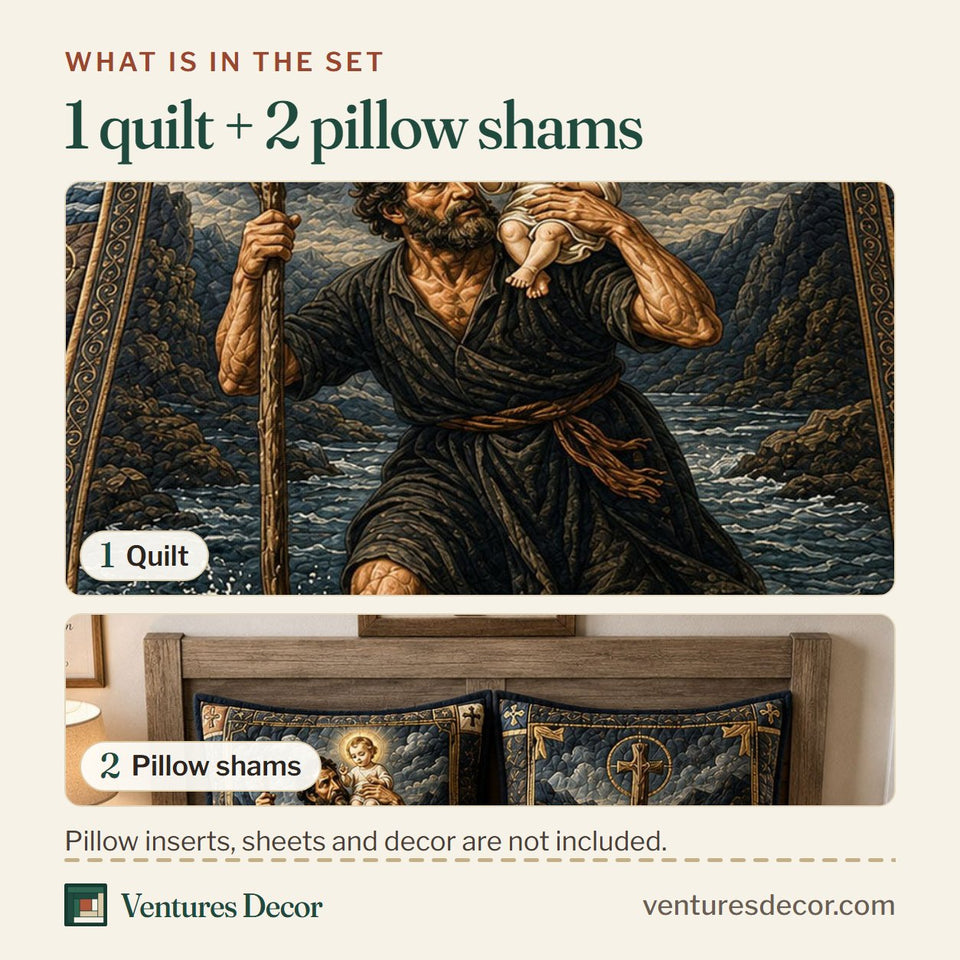 What is in the set: one quilt and two pillow shams, shown in the Saint Christopher Christ Bearer design