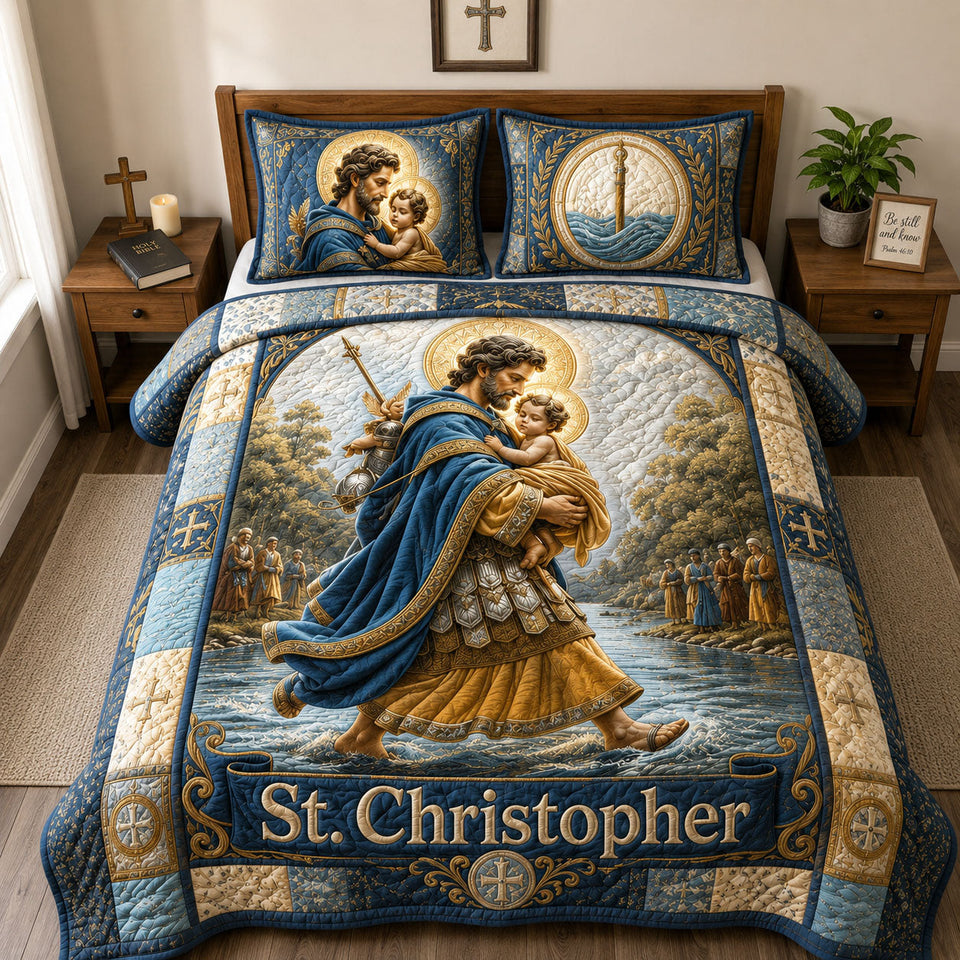Saint Christopher Guardian Of The Sacred Crossing quilted bedding set, quilt and two pillow shams on a made bed