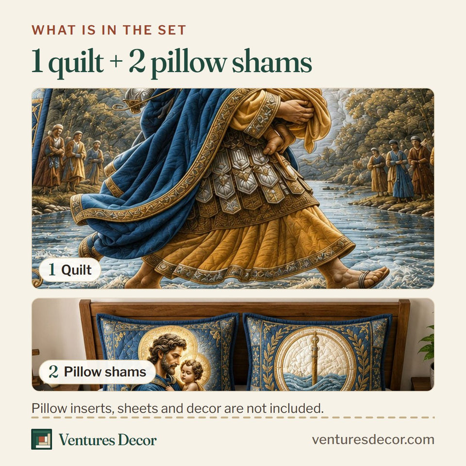 What is in the set: one quilt and two pillow shams, shown in the Saint Christopher Guardian Of The Sacred Crossing design