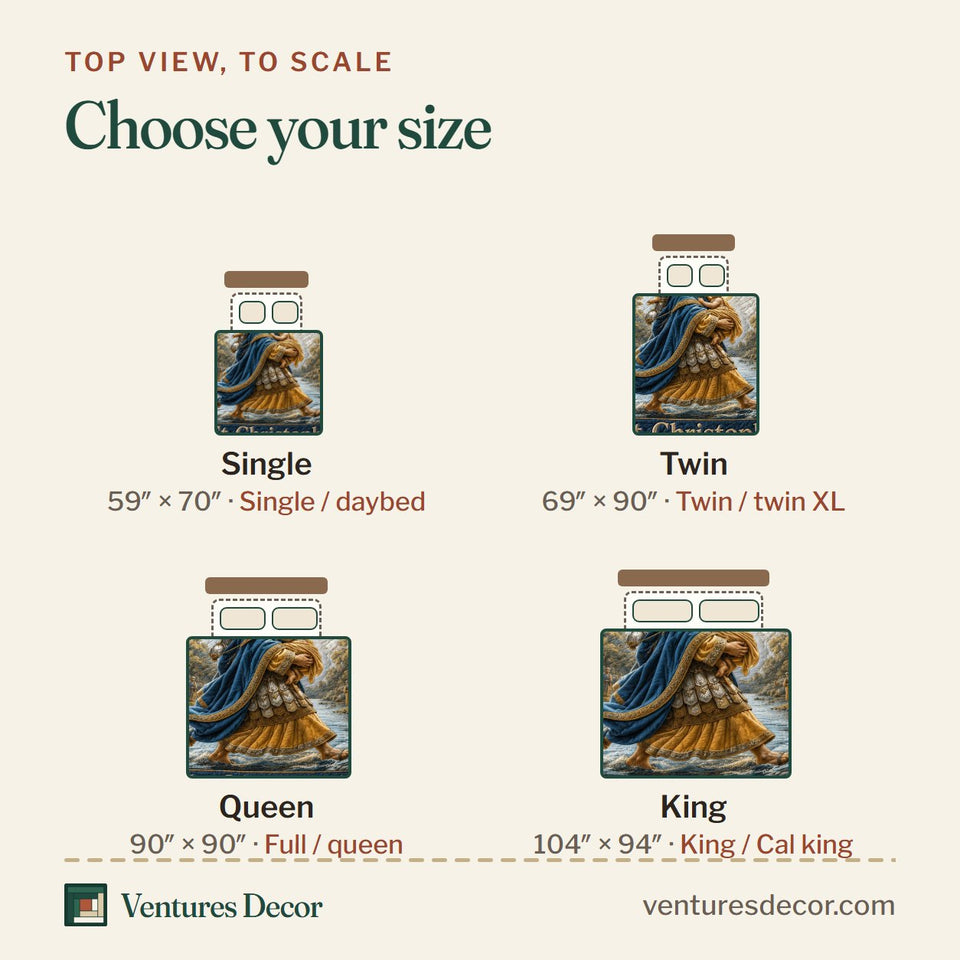 Size guide for the Saint Christopher Guardian Of The Sacred Crossing quilt, top view to scale: Single 59 x 70 in, Twin 69 x 90 in, Queen 90 x 90 in, King 104 x 94 in