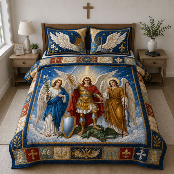 Saint Michael And The Holy Archangels quilted bedding set, quilt and two pillow shams on a made bed