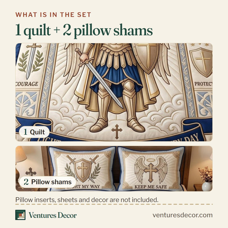 What is in the set: one quilt and two pillow shams, shown in the Saint Michael Archangel design