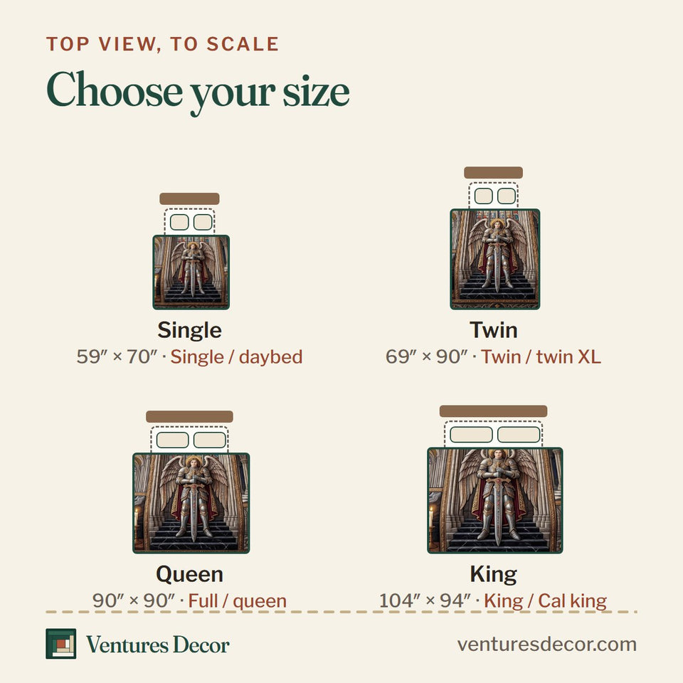 Size guide for the Saint Michael Cathedral Rose Window quilt, top view to scale: Single 59 x 70 in, Twin 69 x 90 in, Queen 90 x 90 in, King 104 x 94 in