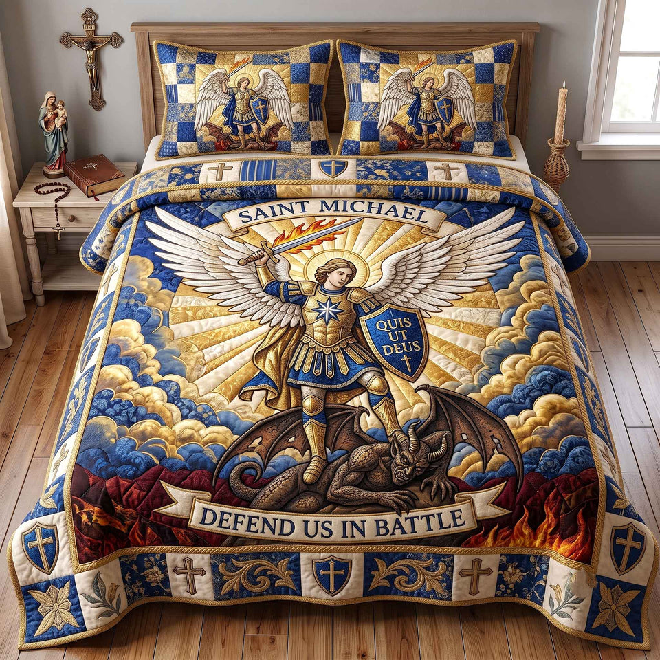 Saint Michael Cloudburst Golden Rays quilted bedding set, quilt and two pillow shams on a made bed