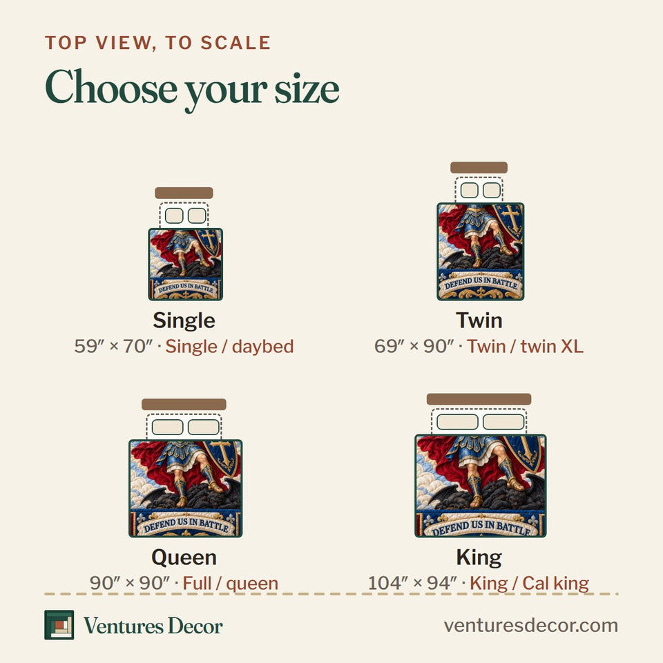 Size guide for the Saint Michael Courage quilt, top view to scale: Single 59 x 70 in, Twin 69 x 90 in, Queen 90 x 90 in, King 104 x 94 in